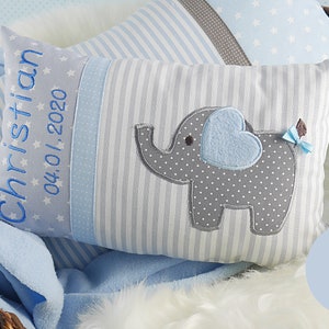 Personalized pillow for birth or baptism, elephant, light blue, made of cotton fabric, cuddly pillow, children's pillow, name pillow, baby,