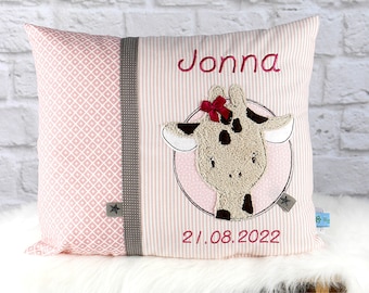 Personalized birth or baptism pillow with giraffe in dusky pink beige cotton fabric with name Biggis Design