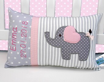 Personalized pillow for birth or baptism, elephant, pink, made of cotton fabric, cuddly pillow, children's pillow, name pillow, baby,