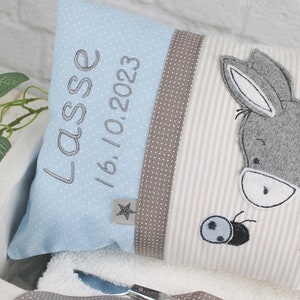 Personalized pillow as a christening gift, birth gift for boys with donkey in blue and beige, personalized baby pillow, children's pillow image 4