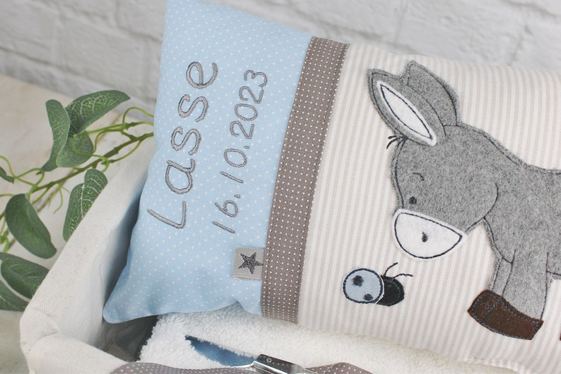 Personalized pillow as a christening gift, birth gift for boys with donkey in blue and beige, personalized baby pillow, children's pillow image 4