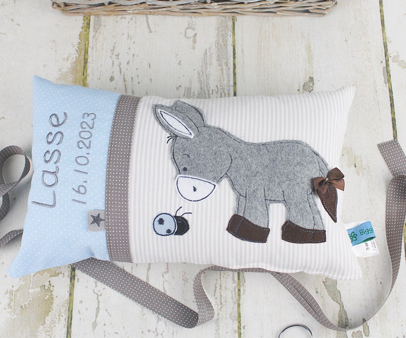 Personalized pillow as a christening gift, birth gift for boys with donkey in blue and beige, personalized baby pillow, children's pillow image 2
