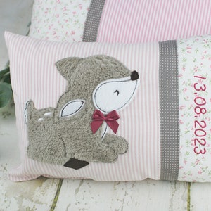 Personalized pillow as a christening gift, birth gift for girls with deer in pink and beige, personalized baby pillow, children's pillow image 6