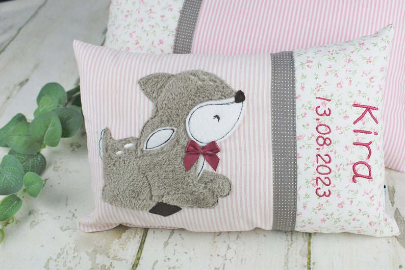 Personalized pillow as a christening gift, birth gift for girls with deer in pink and beige, personalized baby pillow, children's pillow image 6