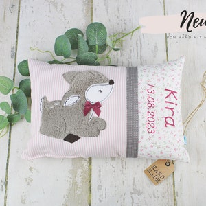 Personalized pillow as a christening gift, birth gift for girls with deer in pink and beige, personalized baby pillow, children's pillow image 2