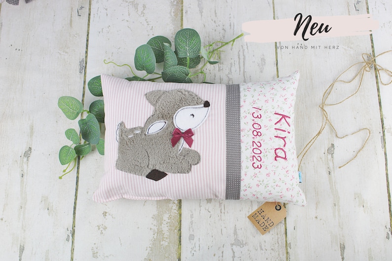 Personalized pillow as a christening gift, birth gift for girls with deer in pink and beige, personalized baby pillow, children's pillow image 2