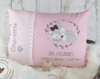 Personalized children's pillow for birth or baptism. With the motif fox in old pink made of cotton fabric. Children's pillows, name pillows