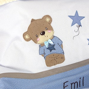 Süße personalisierte, Babydecke, mit Teddy, Sternen, in blau, braun, aus Baumwollstoff Bild 2