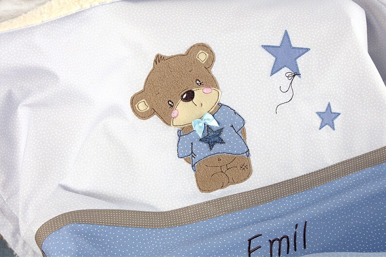 Süße personalisierte, Babydecke, mit Teddy, Sternen, in blau, braun, aus Baumwollstoff Bild 2