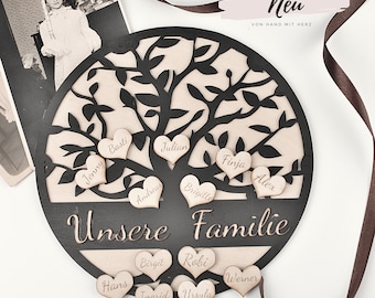Personalized Wooden Family Tree - Engraved Family Memorabilia - Family Tree Personalized - Hearts with Names - Woodcut