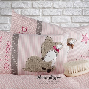 Personalized children's pillow for birth or baptism. With the deer motif in pink-beige made of cotton fabric. Custom made for you.