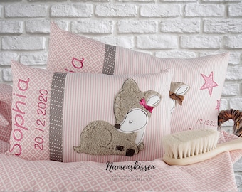 Personalized birth pillow with fawn motif as a birth or baptism gift for girls. Custom made for you. *