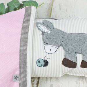 Personalized pillow as a christening gift, birth gift for boys with donkey in blue and beige, personalized baby pillow, children's pillow image 10