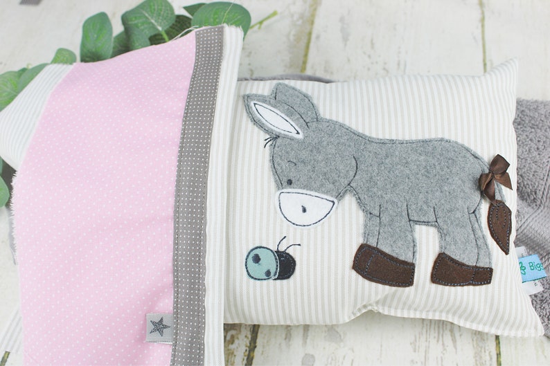 Personalized pillow as a christening gift, birth gift for boys with donkey in blue and beige, personalized baby pillow, children's pillow image 10