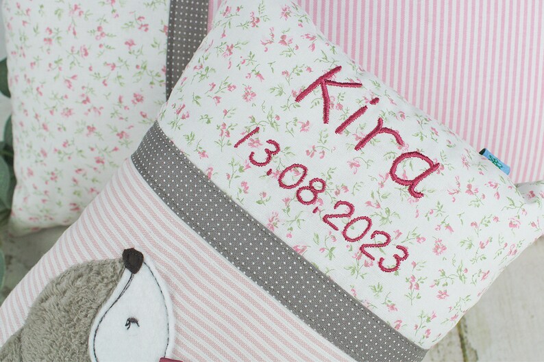 Personalized pillow as a christening gift, birth gift for girls with deer in pink and beige, personalized baby pillow, children's pillow image 7