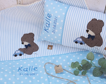 Spar-Set Babydecke und Namenskissen Teddy, Auto, zur Geburt oder Taufe, blau, Kissen mit Namen, personalisiert