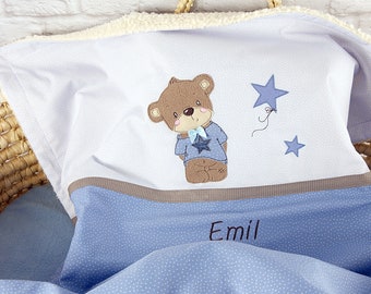 Sweet personalized baby blanket with teddy bear, stars, in blue, brown, made of cotton fabric