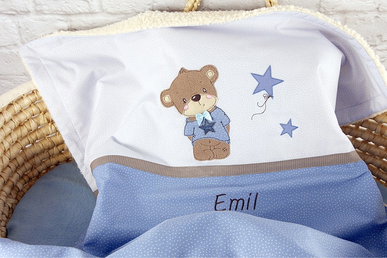 Süße personalisierte, Babydecke, mit Teddy, Sternen, in blau, braun, aus Baumwollstoff Bild 1