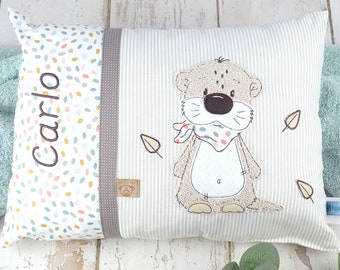 Personalized name pillow for birth or baptism, with otter, beige, made of cotton fabric, with name, gift for baptism