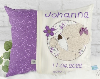 Personalized pillow for birth or baptism, with teddy and flower, in purple, beige, made of cotton fabric, name pillow