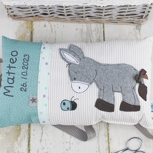 Personalized pillow as a christening gift, birth gift for boys with donkey in blue and beige, personalized baby pillow, children's pillow Green