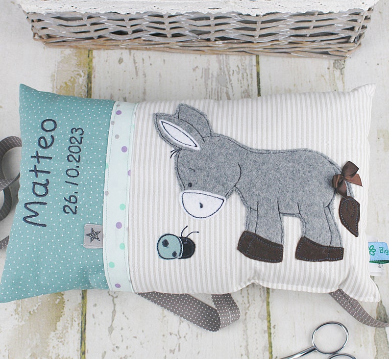 Personalized pillow as a christening gift, birth gift for boys with donkey in blue and beige, personalized baby pillow, children's pillow Green