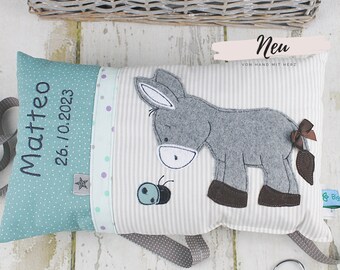 Personalized pillow as a christening gift, birth gift for boys with donkey in green and beige, personalized baby pillow, children's pillow