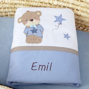 Süße personalisierte, Babydecke, mit Teddy, Sternen, in blau, braun, aus Baumwollstoff Bild 4