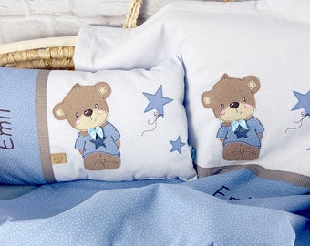 Savings set baby blanket and name pillow teddy, star, for birth or baptism, blue, personalized