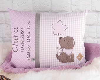 Personalized pillow for birth or baptism, dog, pink, brown, in cotton fabric, with name, Biggis Design