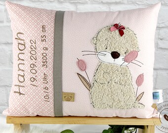 Personalized pillow for birth or baptism, with otter, in old pink, beige, in cotton fabric, with name, Biggis Design