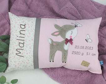Personalized pillow for birth or baptism, for girls, with deer in pink, cuddly pillow deer, pillow personalized with name