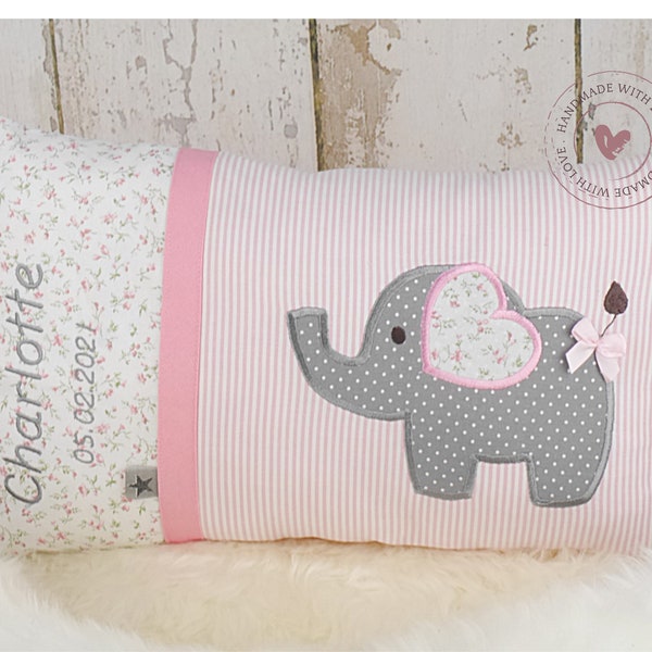 Personalisiertes Kissen zur Geburt oder Taufe, Kuschelkissen, Kinderkissen, Namenskissen, Baby, Kissen personalisiert Elefant in rosa