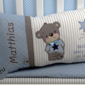 Personalized pillow for birth or baptism, teddy, blue, gray, made of cotton fabric, cuddly pillow, children's pillow, name pillow, baby,