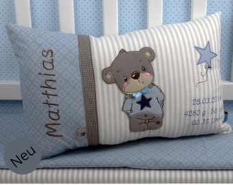 Personalisiertes Kissen zur Geburt oder Taufe, Teddy, blau,grau, aus Baumwollstoff,  Kuschelkissen, Kinderkissen,Namenskissen, Baby,