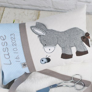 Personalized pillow as a christening gift, birth gift for boys with donkey in blue and beige, personalized baby pillow, children's pillow image 3