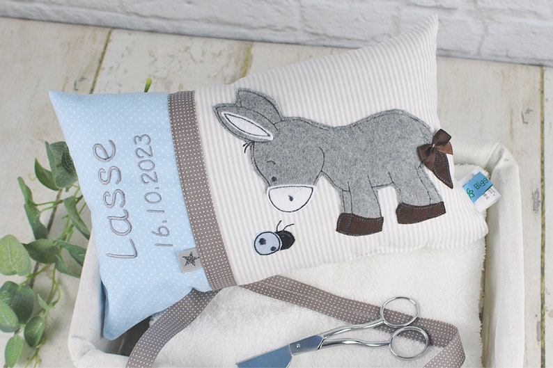 Personalized pillow as a christening gift, birth gift for boys with donkey in blue and beige, personalized baby pillow, children's pillow image 3