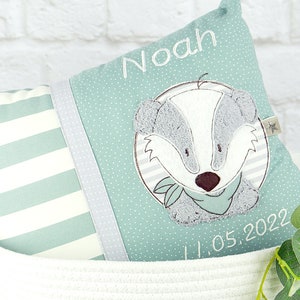 Personalized pillow for birth or baptism, with a badger, in green, gray, in cotton fabric, with name, Biggis design