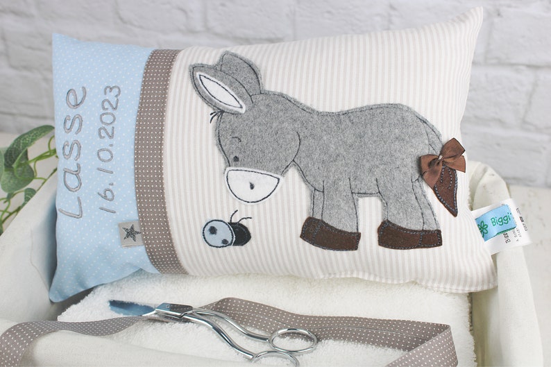 Personalized pillow as a christening gift, birth gift for boys with donkey in blue and beige, personalized baby pillow, children's pillow Blue