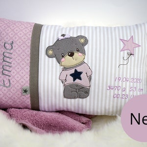 Personalized pillow for birth or baptism, teddy, pink gray, made of cotton fabric, cuddly pillow, children's pillow, name pillow, baby,