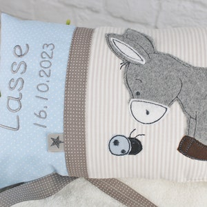 Personalized pillow as a christening gift, birth gift for boys with donkey in blue and beige, personalized baby pillow, children's pillow image 8