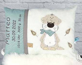 Personalized name pillow for birth or baptism, with otter, in green, beige, made of cotton fabric, with name, waffle pique