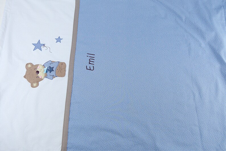 Süße personalisierte, Babydecke, mit Teddy, Sternen, in blau, braun, aus Baumwollstoff Bild 5