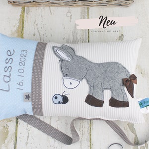 Personalized pillow as a christening gift, birth gift for boys with donkey in blue and beige, personalized baby pillow, children's pillow image 1