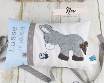 Personalized pillow as a christening gift, birth gift for boys with donkey in blue and beige, personalized baby pillow, children's pillow