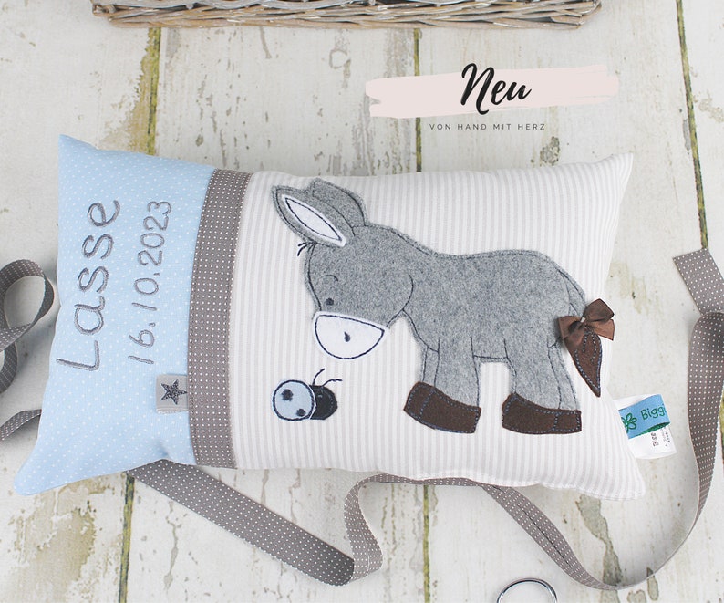 Personalized pillow as a christening gift, birth gift for boys with donkey in blue and beige, personalized baby pillow, children's pillow image 1