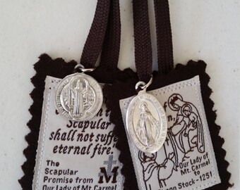 100% Brown Wool Scapular of Our Lady of Mount Carmel with St. Benedict Medal and Miraculous Medal