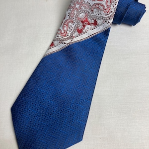 Vintage 1970's Wide Kipper Tie  Made in Malta Jacquard Woven Polyester Bohemian Retro Blue Fancy Blood Red Fancy