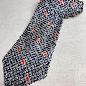 Vintage 1970's Wide Kipper Tie - Geometric Check Pattern  - Made in Malta  Jacquard Woven Polyester - Blue with Red
