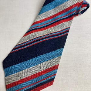 Vintage 1970's Wide Kipper Tie  Made in Malta Jacquard Woven Polyester Bohemian Retro Funky Coarse Blue Red Stripe